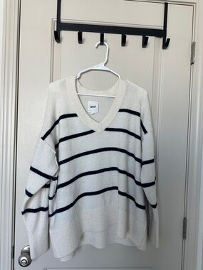 aerie Cream V-Neck Sweater with Navy Stripes